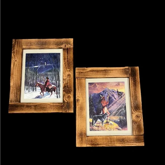 Vintage Native American Indian 3-D Effect Foil Art Print w/Rustic Wood Frame